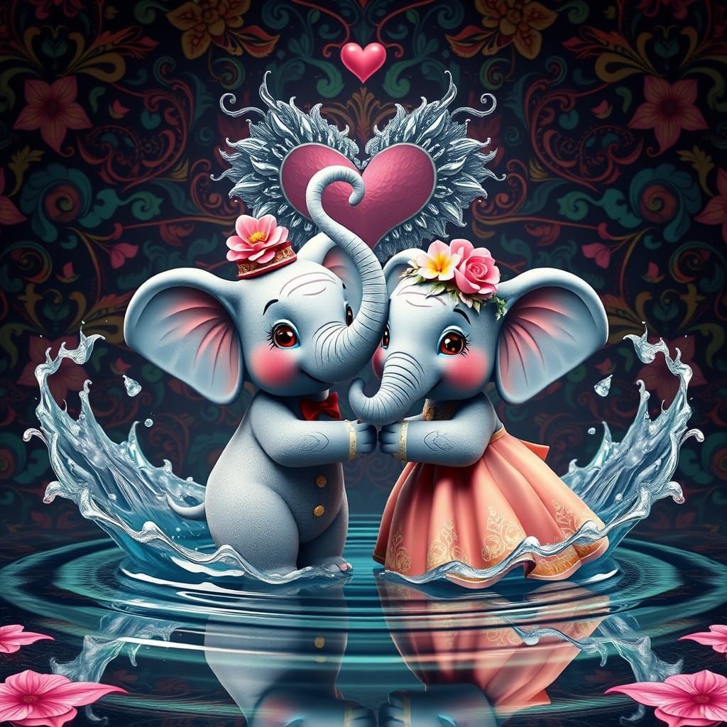 This stunning image depicts of a whimsical couple cartoon elephants one elephant wearing a gown and a ...  by @amrellin
