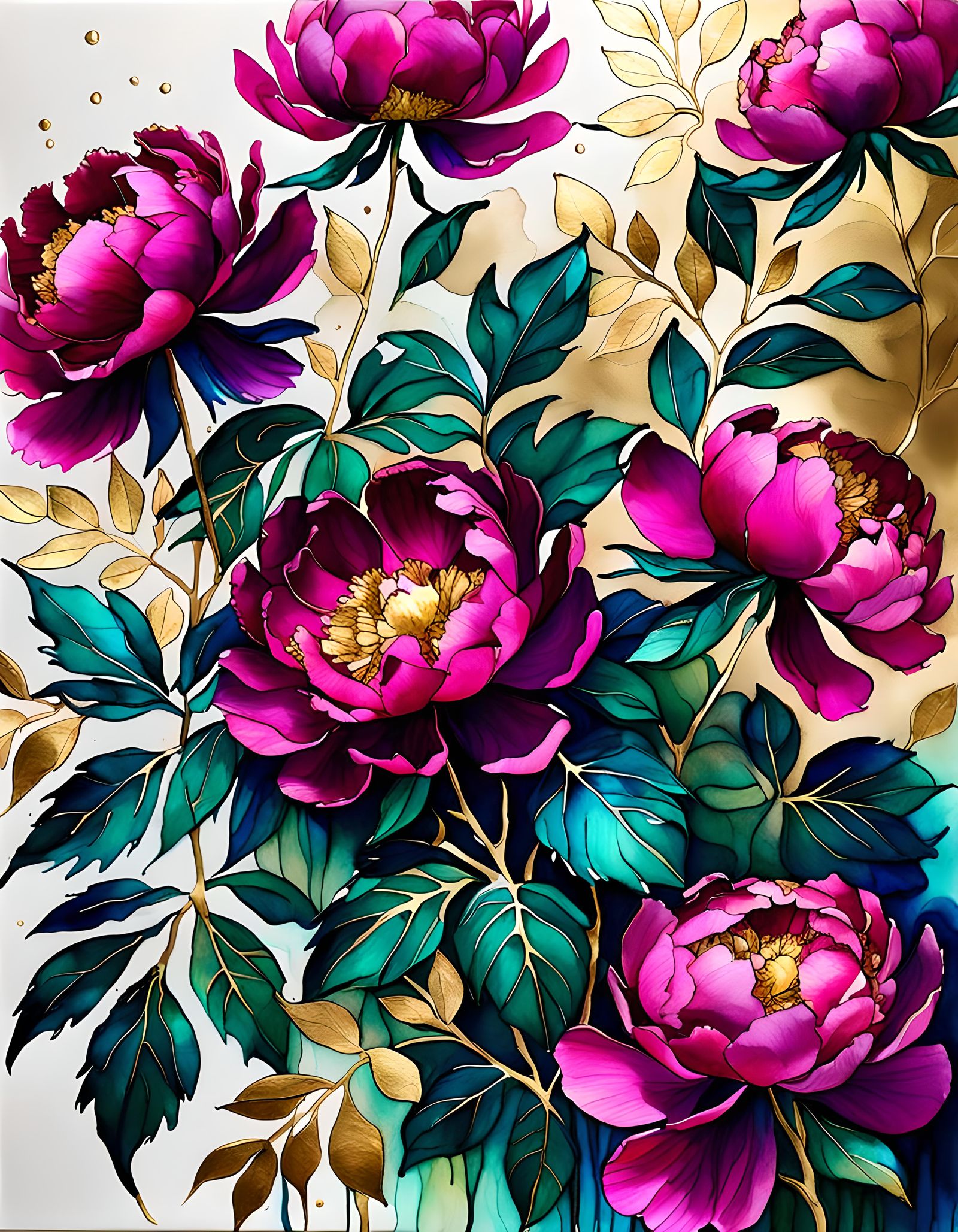 Alcohol ink painting of peonies
