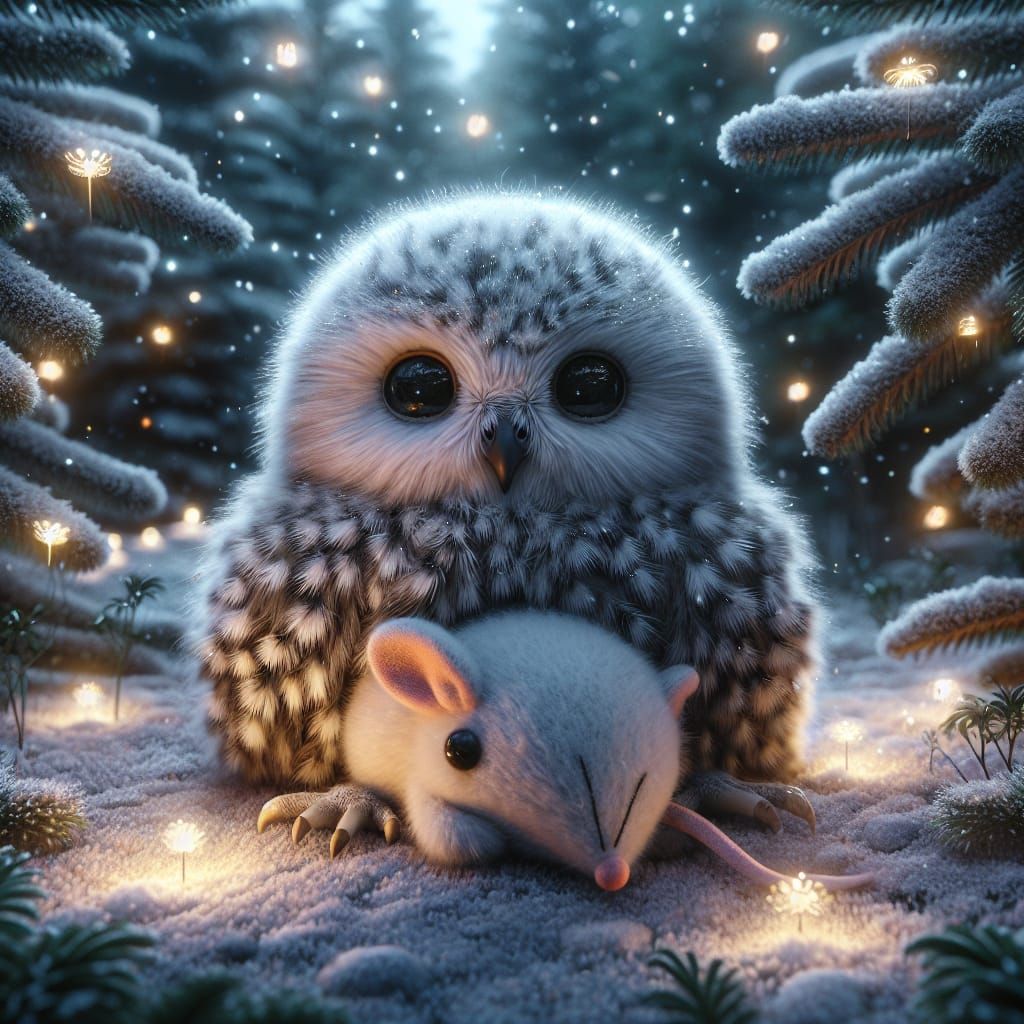 baby owl with his plush mouse