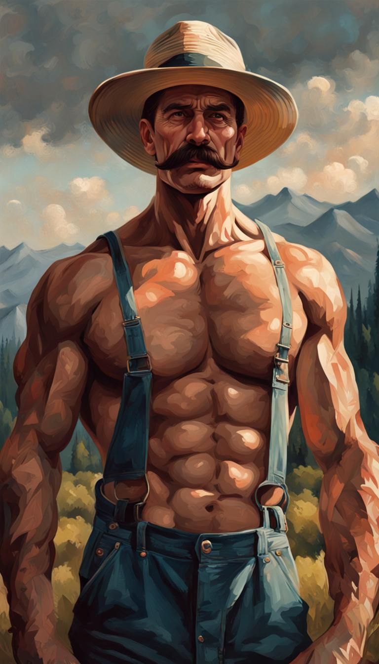 Muscular Man with Mustache in Overalls, Matte Painting