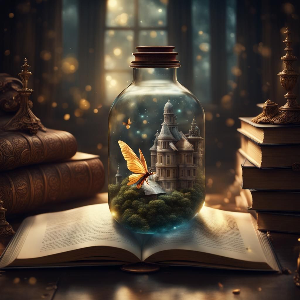 A fairy in a bottle coming out of a book