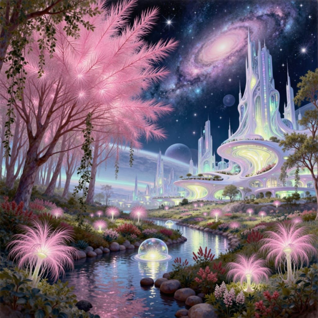 <lora:Dreamforge:1.0> Aurora Architectonicism, Aetherial Nexus, close-up under the canopy of the Tamarix tetrandra forest its entire form u...