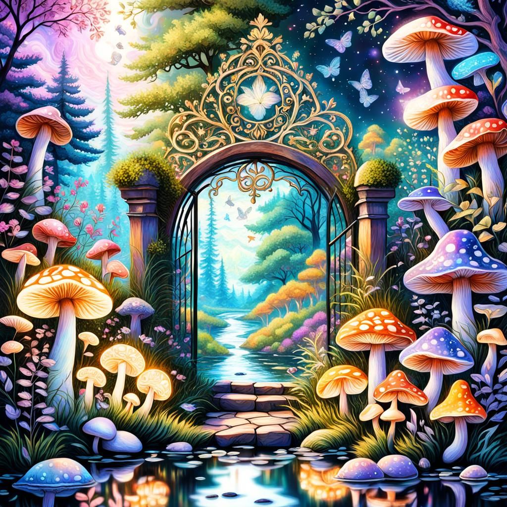 Country garden with Norwegian forest cats, flowers, mushroom...