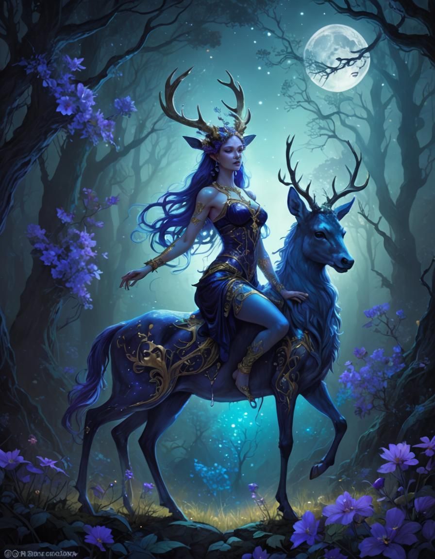 epic fantasy art of blue shimmering divine figure of a female satyr ...