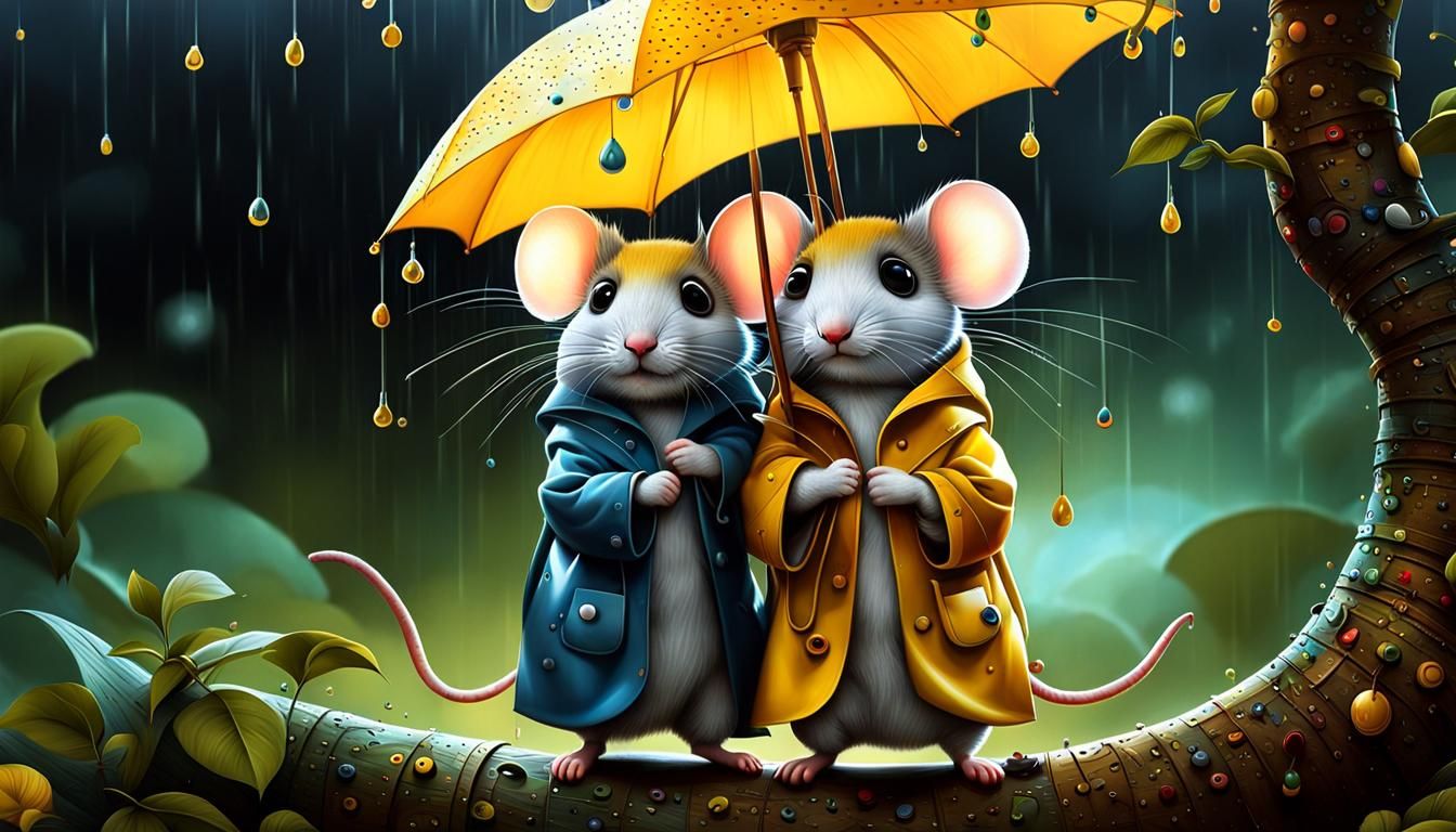 Mice Under Umbrella in Pop Surrealist Style