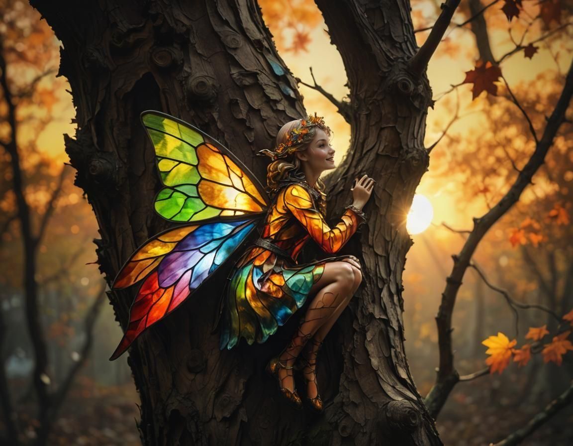 autumnal fairy hiding from her friends playing hide and seek
