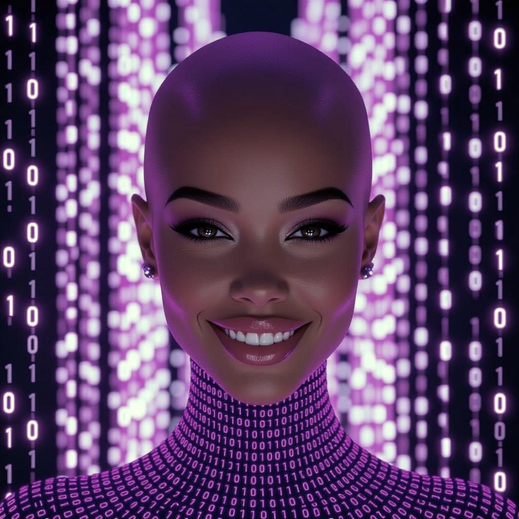 Digital art portrait of gorgeous bald woman in pullover totally made of repeating strings of binary code