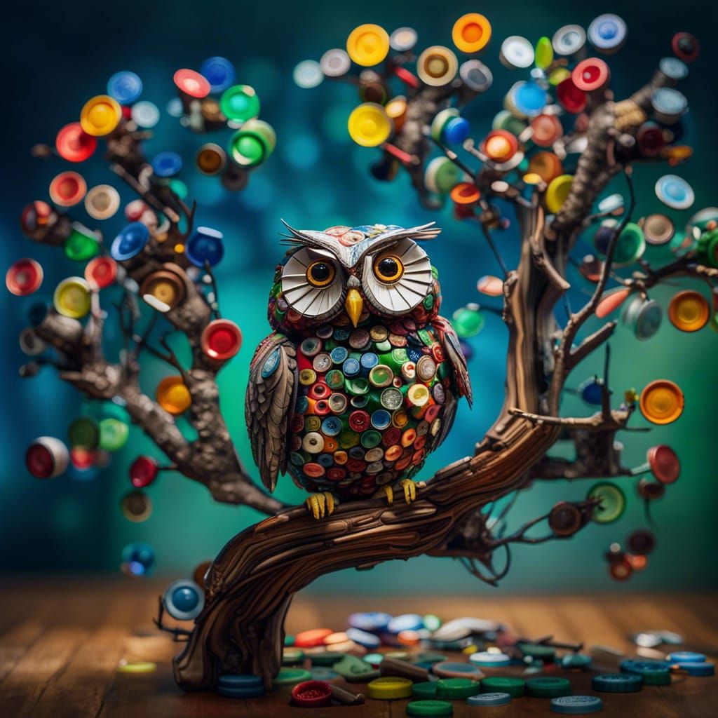 An owl sitting in a tree made from recycled materials. Bottle tops, high resolution.   by @Irene