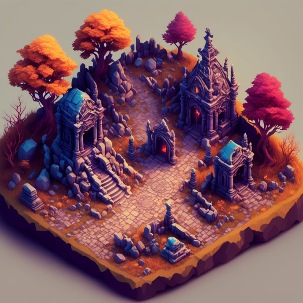  <lora:IsometricView:1.0> isometric view of a graveyard with mausoleum, sinister coloring