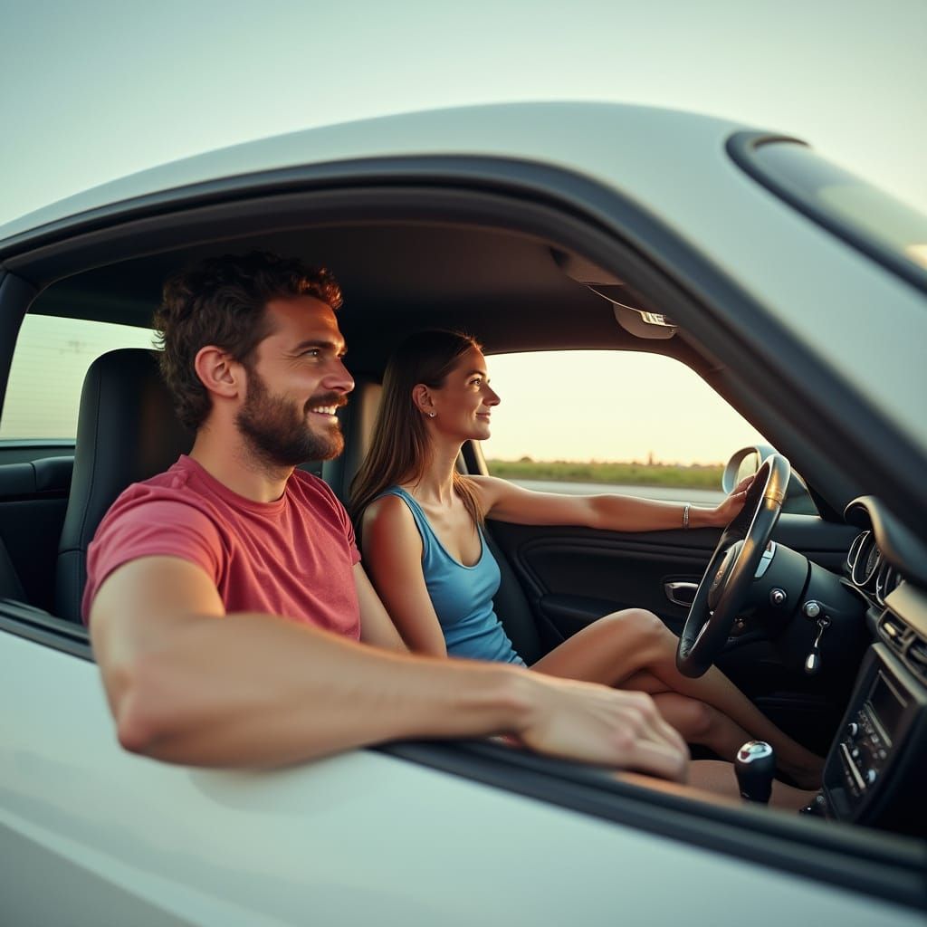 Realistic photo of a White Porsche Boxer passing on the highway. The driver is a middle aged male with brown hair and a beard. He is wearing...