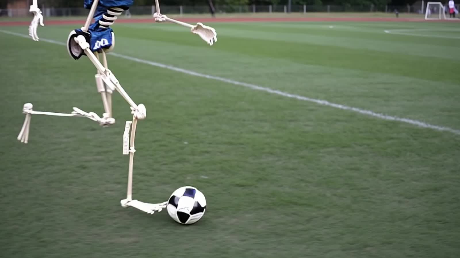 an illustrated anatomie skelett plays soccer on a field