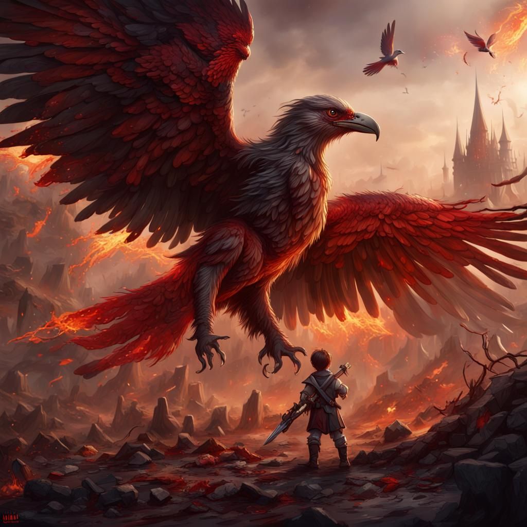 bloody war, with a fire bird protecting a little kid
