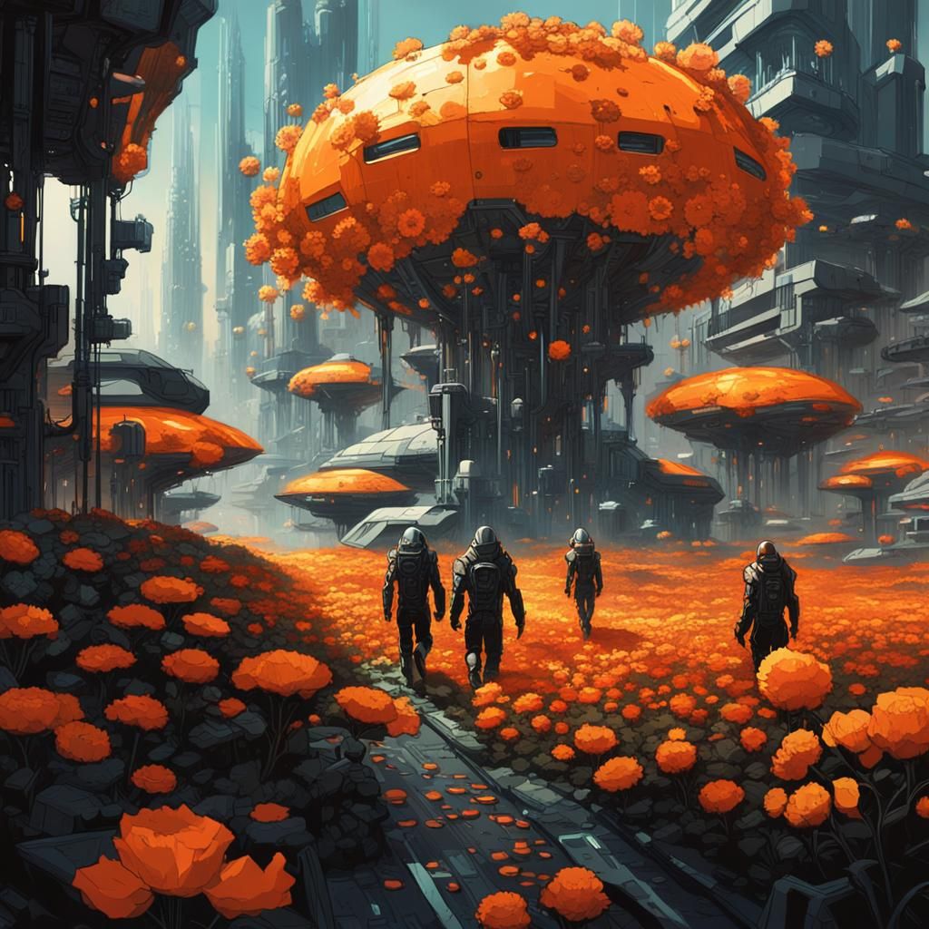 Very realistic. Hyper detailed. Futuristic cybernetic biomehanic  dirty ugly poluted city. Nuclear explosion of flowers. Many flowers. Post...