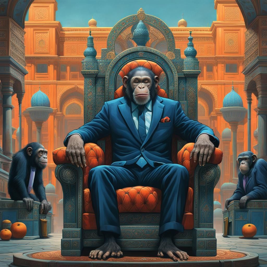 Chimpanzee King on Throne: Matte Painting in Fantasy Style