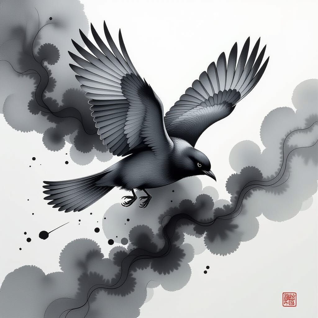 beautiful flying bird painted with alcohol ink, dynamic, white background, greyscale, artistic, black flowing ink lines behind
