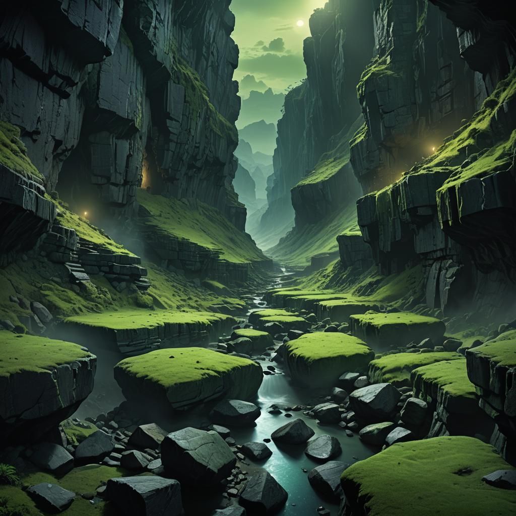 A dark, high cave passage. Closed from above. It's twilight, only the green stones are lit. Panoramic landscape, cinema-like picture with br...