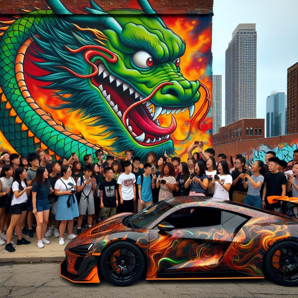 Graffiti dragon and Flaming sports car