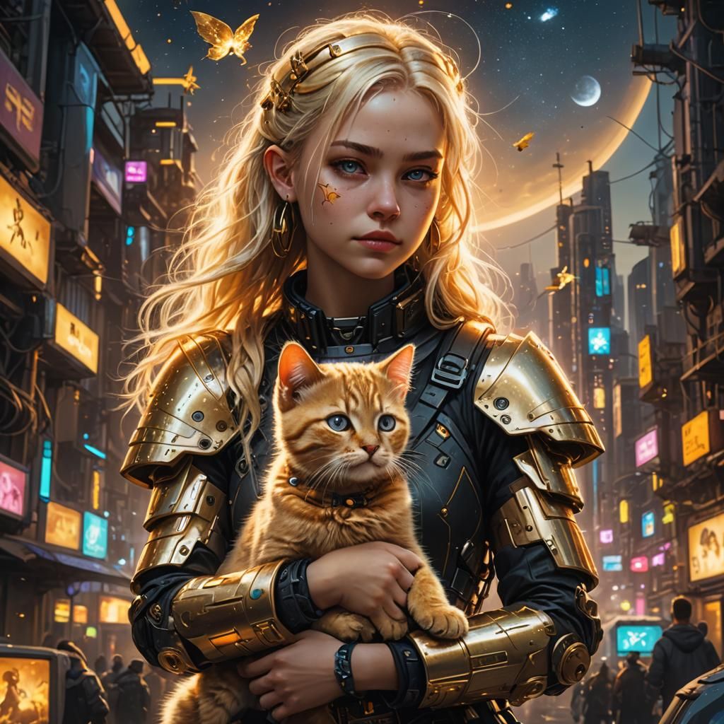 Cute young blonde headed cyberpunk girl holding her golden baby cat ...