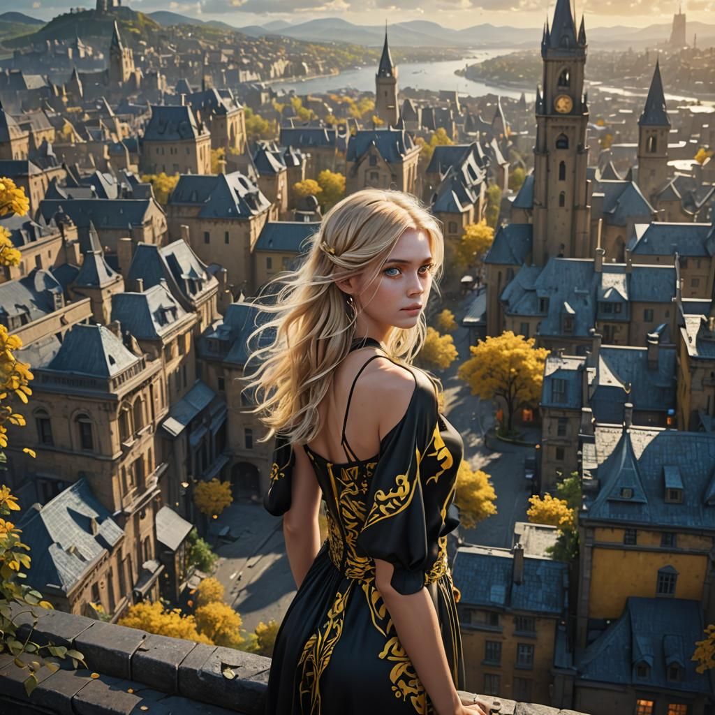Beautiful morning with background city and a beautiful blond...