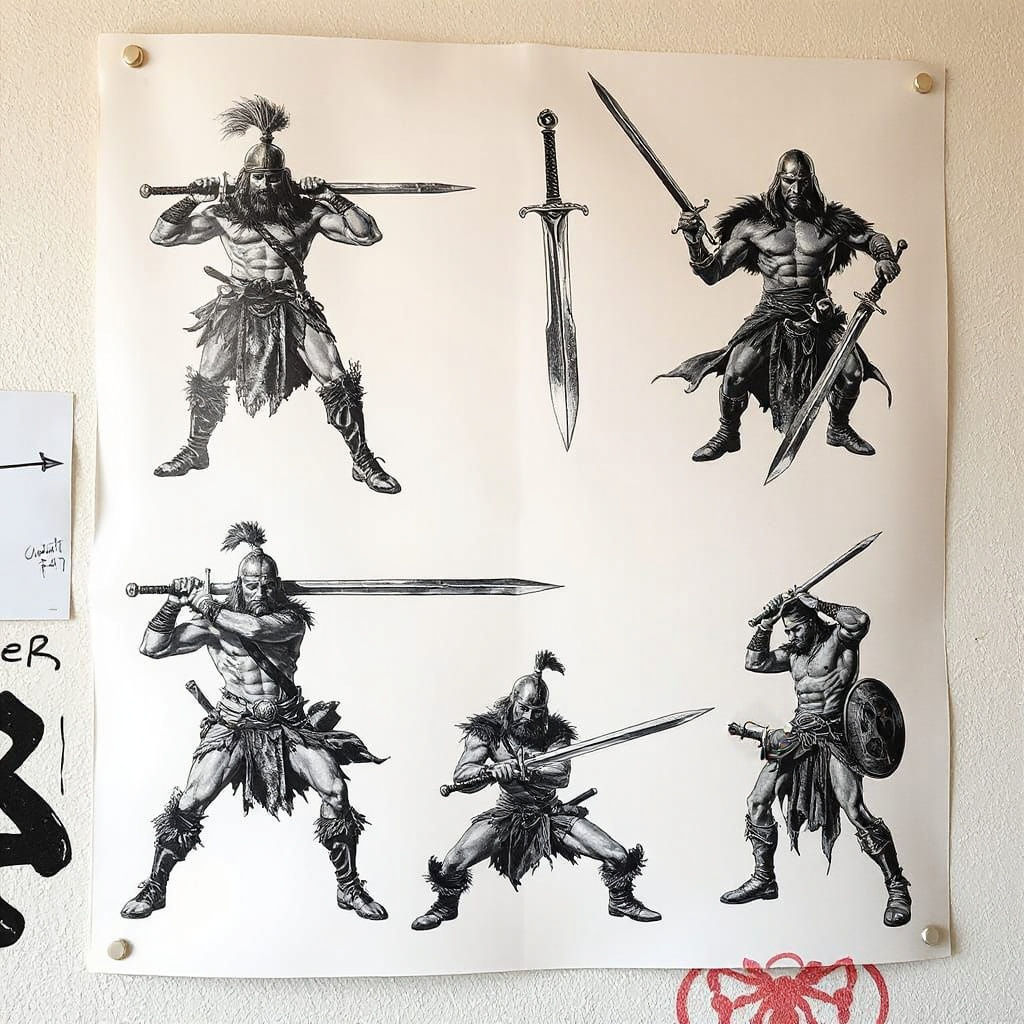 A flash tattoo sheet on a tattoo parlor wall showing different poses of single Barbarians with large swords in a Frank Frazetta style
