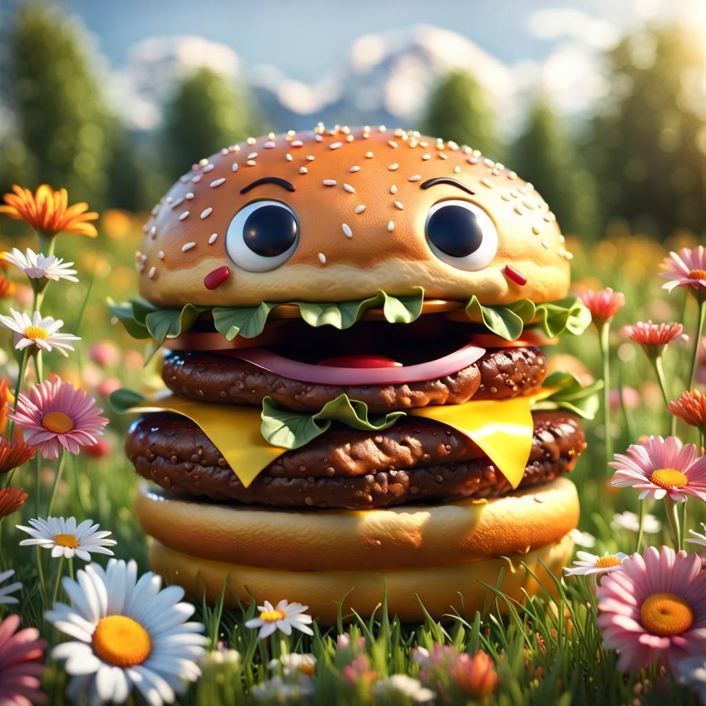 3D photorealistic final render of an epic cute smiling hambu...