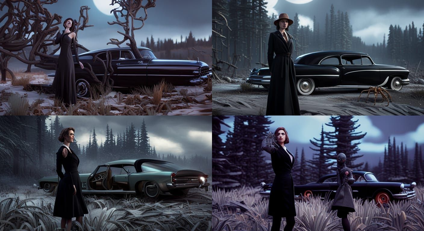 Woman dressed as a film noir detective, a mechanical spider ...