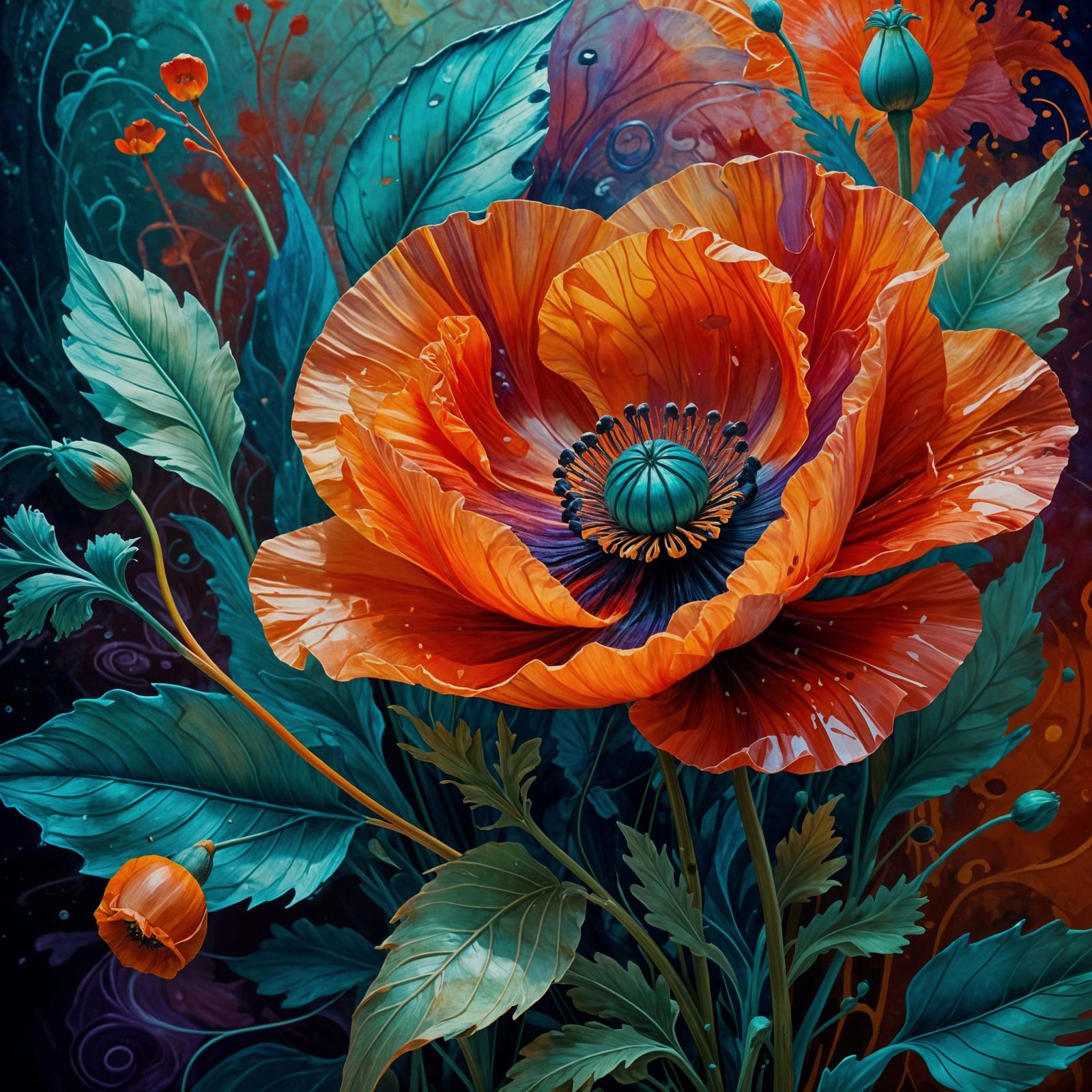A vibrant, stylized poppy flower, in impressionist style.  Complex, swirling petals ...  by @g r r c