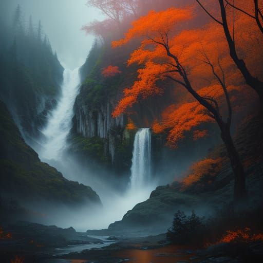 Mystical Forest with Fiery Waterfall in Epic Fantasy Style