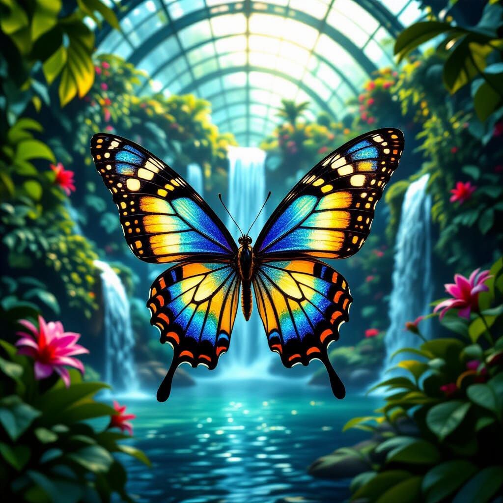 Imagine a majestic, bioluminescent butterfly with wings made of stained glass, fluttering through a fbotanical ...  by @Terryke