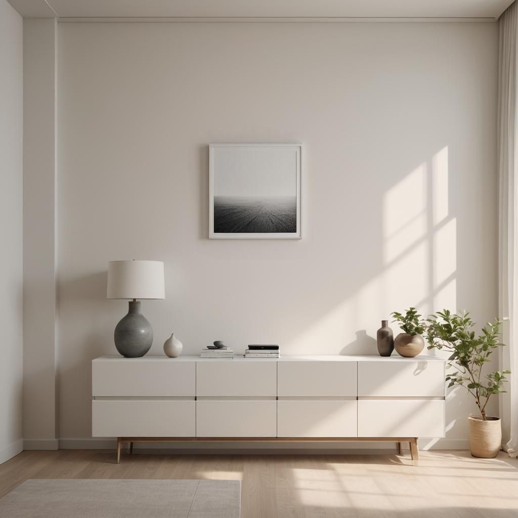 A photorealistic image of a bright, airy, and sunny room with a modern, minimalist sideboard in front of a large, clean wall. The camera is...