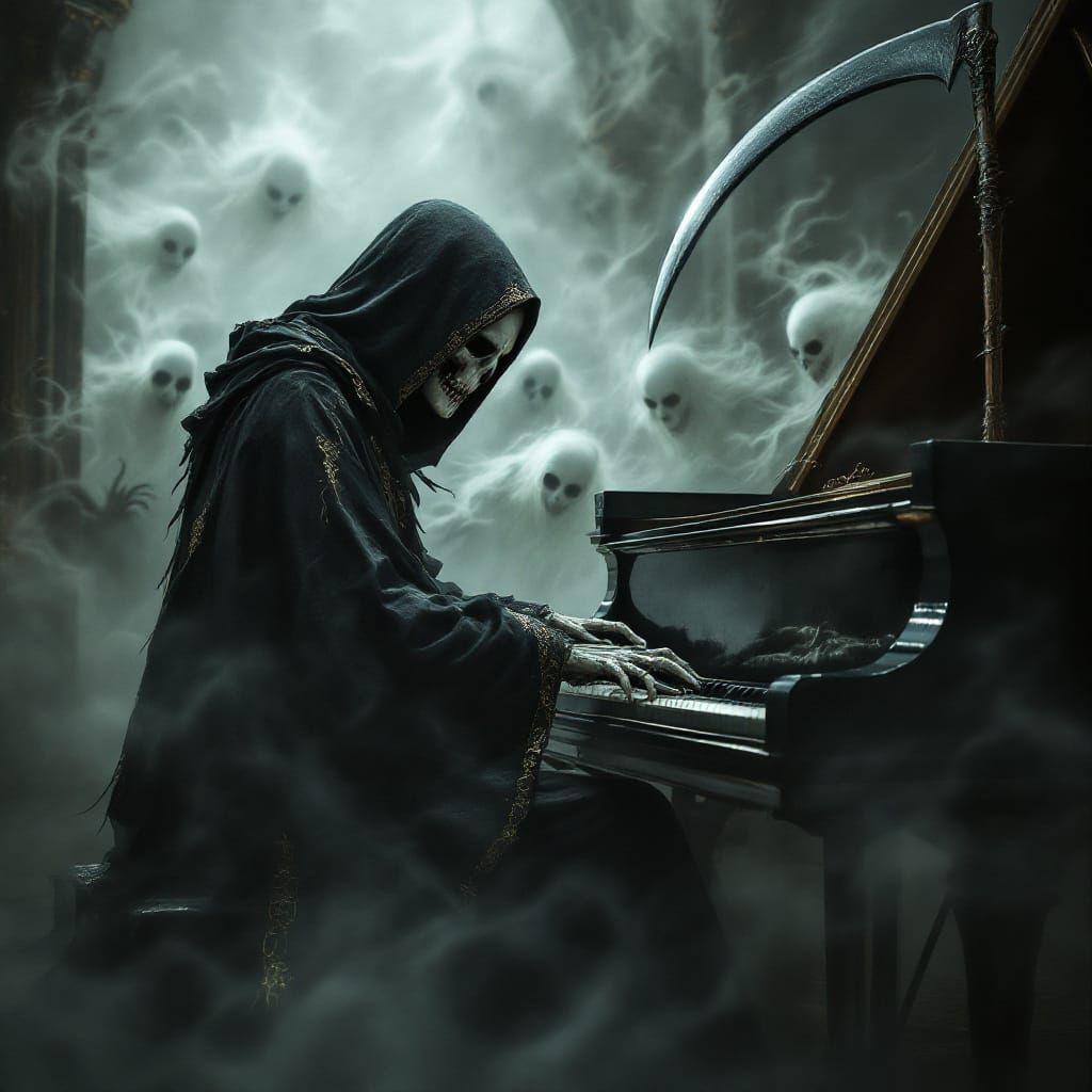 Grimm Reaper playing on a grand piano   by @Joseph Hughes