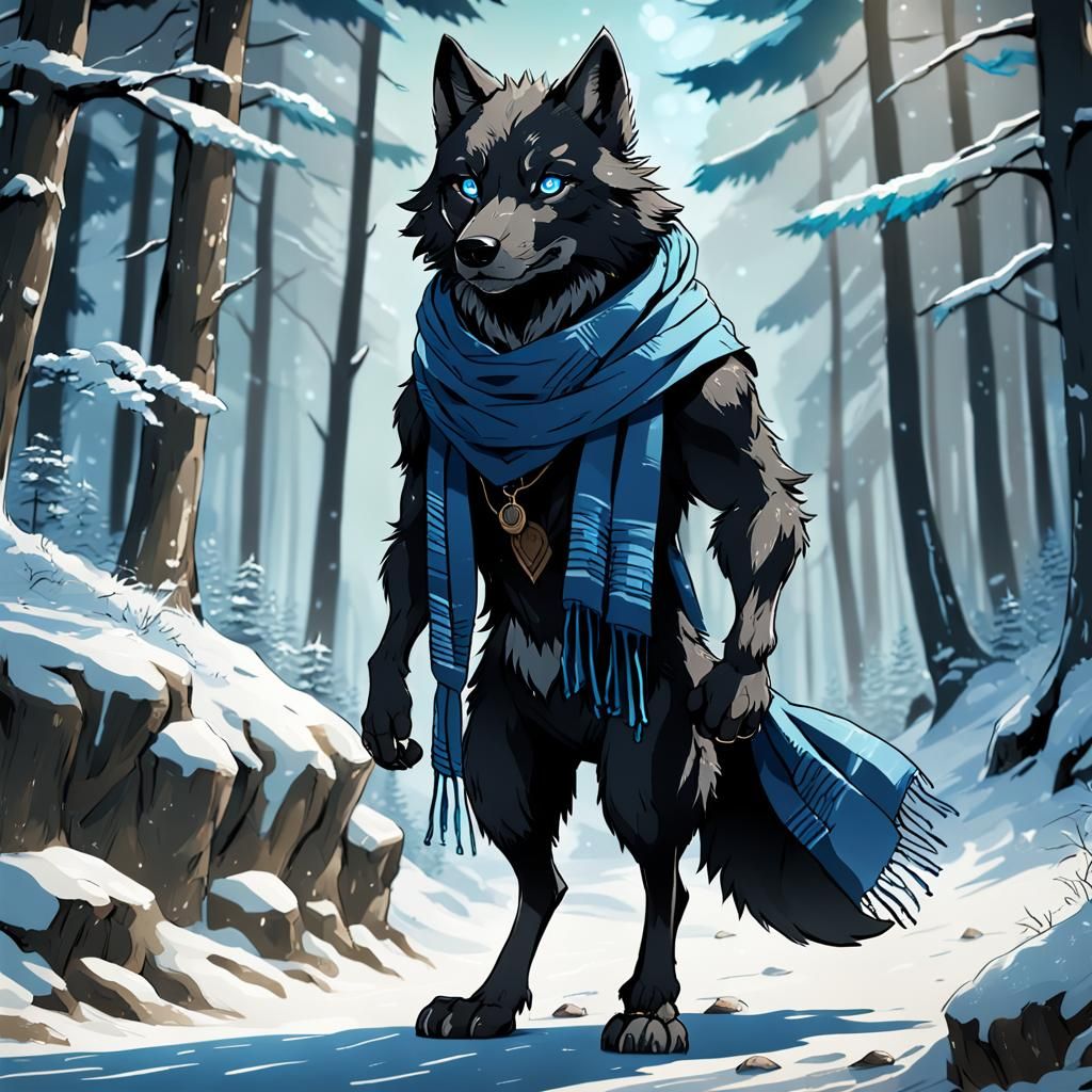 A sketchy full body drawing of a black anthropomorphic wolf ...