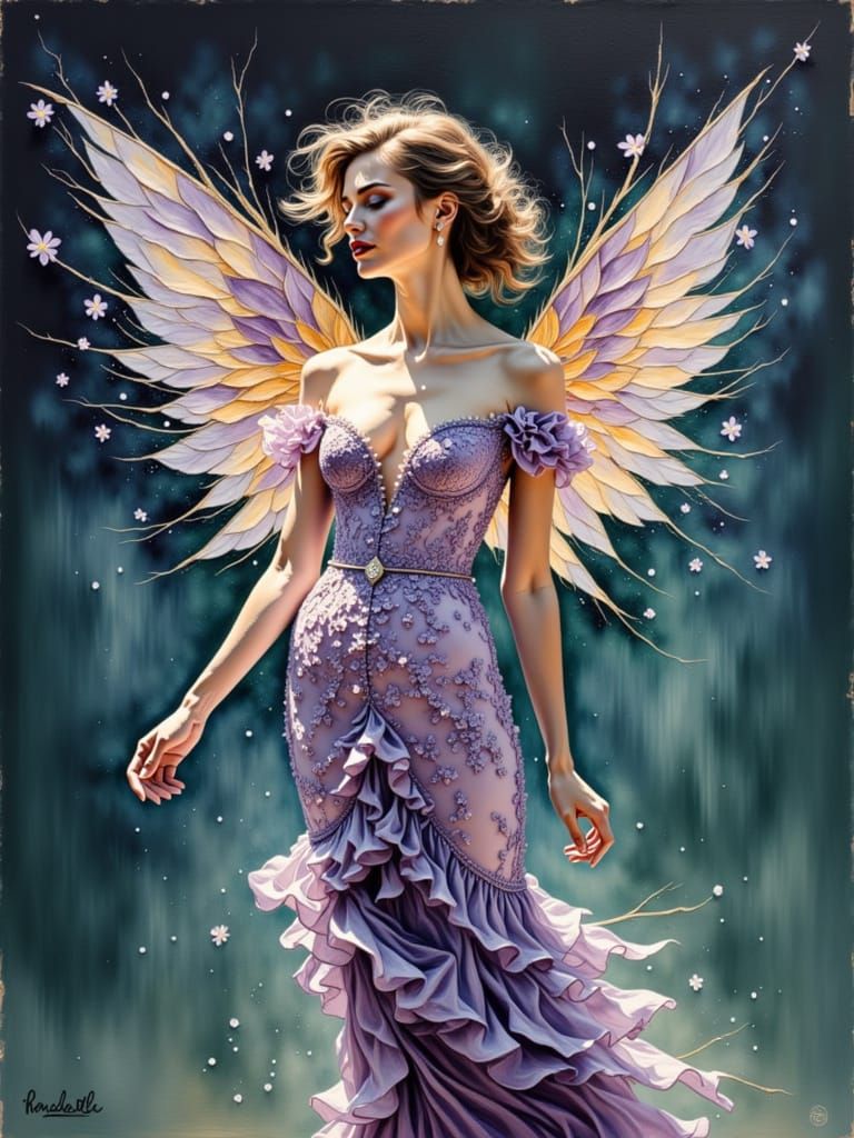 beautiful woman wearing lilc flower dress<lora:LilaCraft:1.0> lilac, handmade water colors