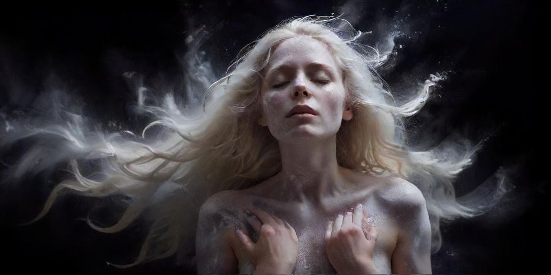 A  portrait of a woman with long blonde hair