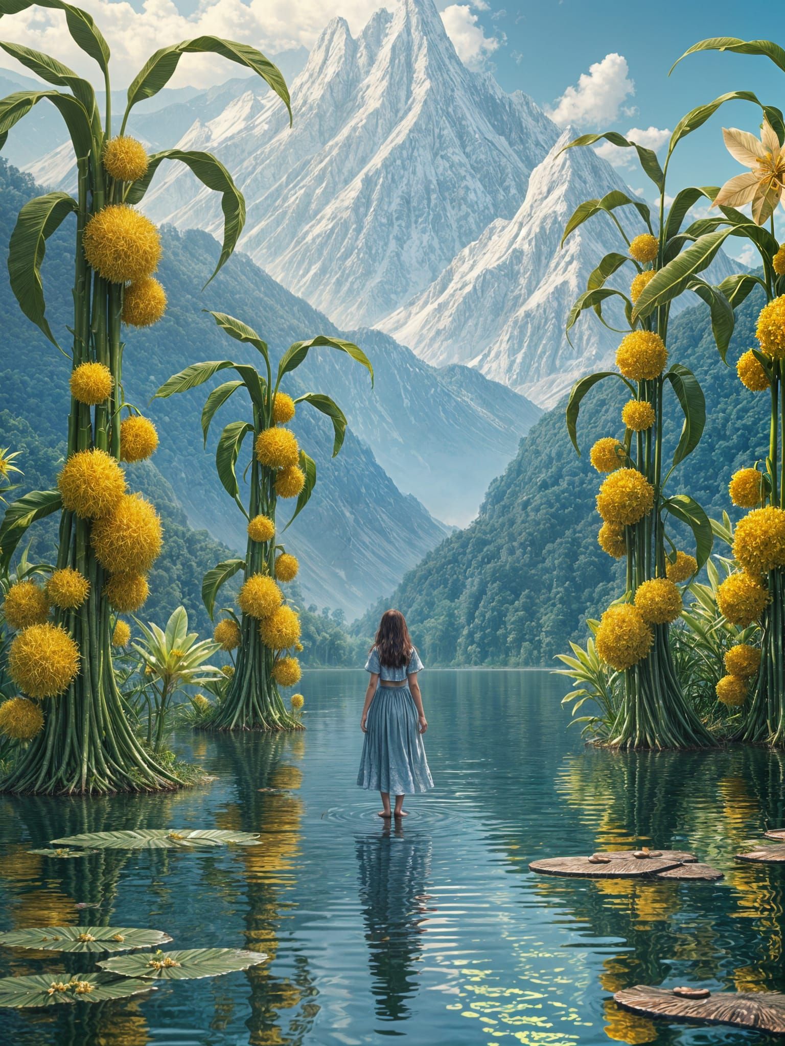 Create a dreamlike landscape where magic beanstalks grow as tall as forest trees with golden flowers ...  by @Kh-nagsh