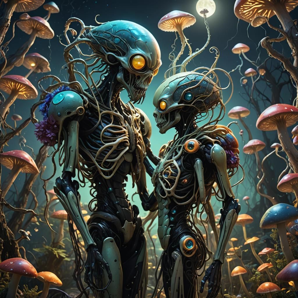 Insectoid Humanoid Love in Grotesque Bioluminescent Garden