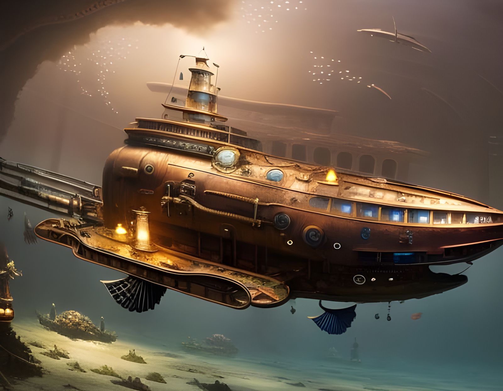 Submerged Steampunk Submarine 3 - AI Generated Artwork - NightCafe Creator