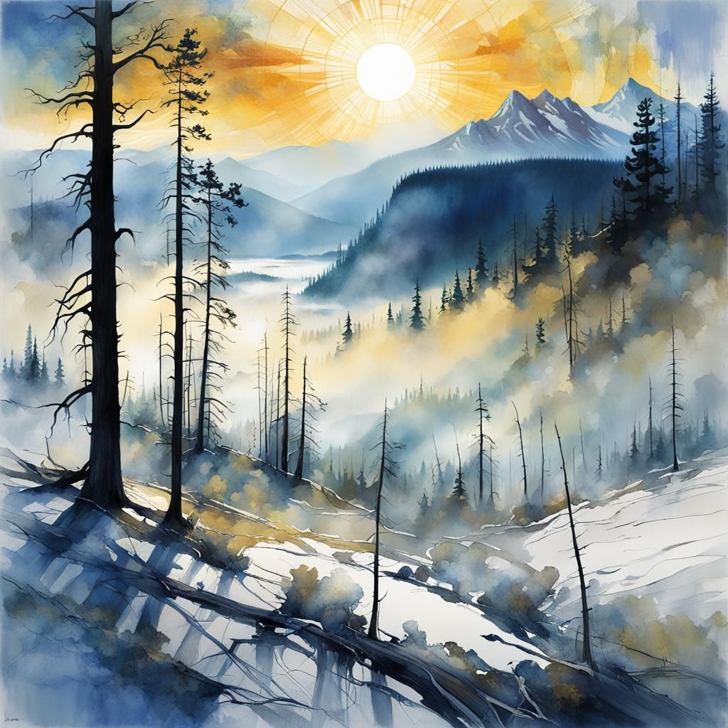 double exposure, large sun shining,  white/blue hues, spring...
