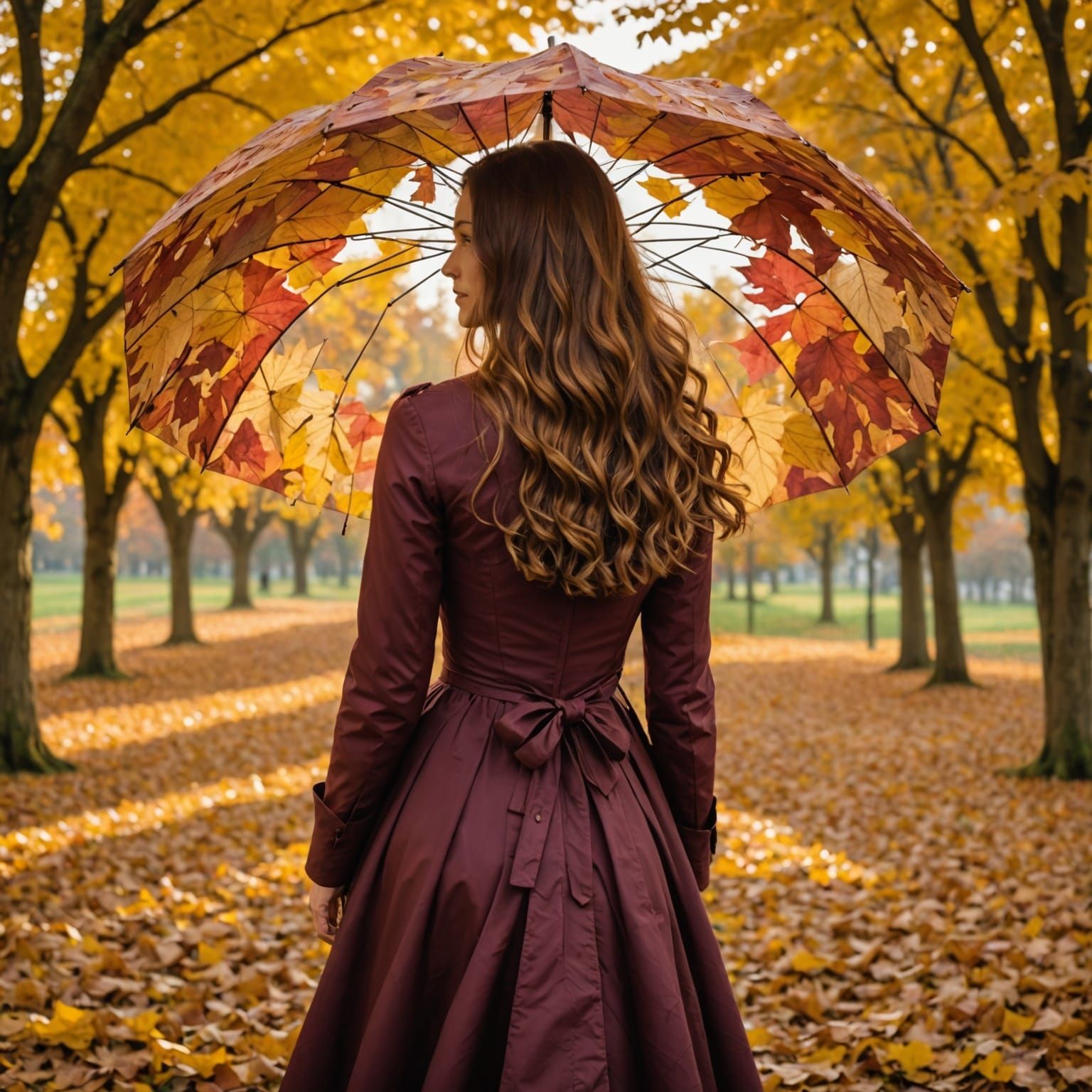 The image portrays a woman with long, flowing hair, standing...