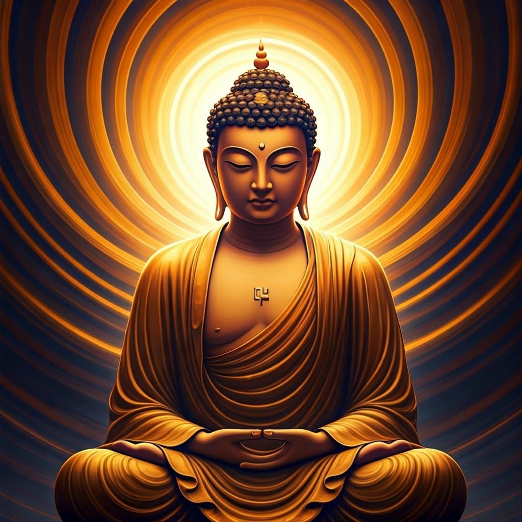 Buddha in Golden-Orange Robes Amidst Vibrant Auroras