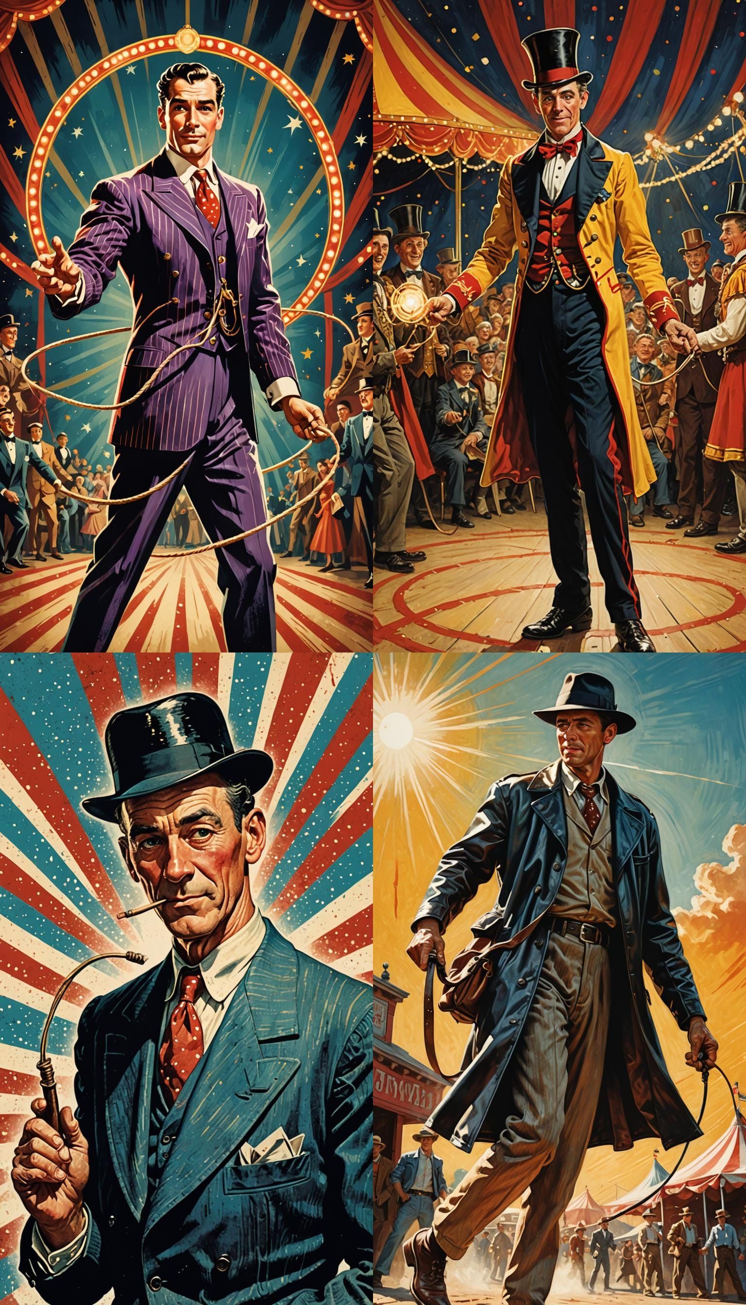illustration styles 40s. in a circus ring, a MAN holding a m...
