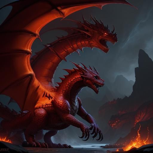 Ruby scaled dragon, protecting a cave of cursed treasure, flames ...