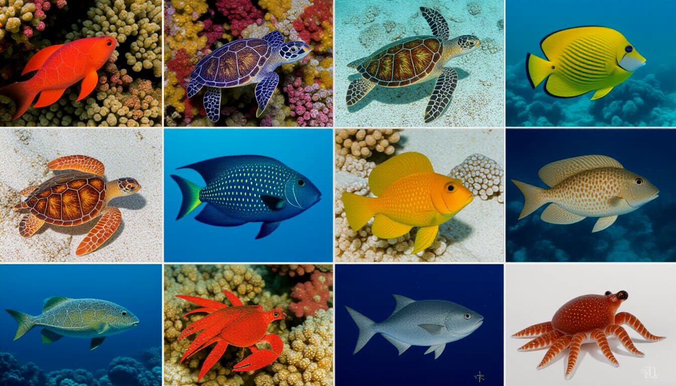 Vibrant Marine Life Collage: Fish, Seals, Dolphins, Whales, ...