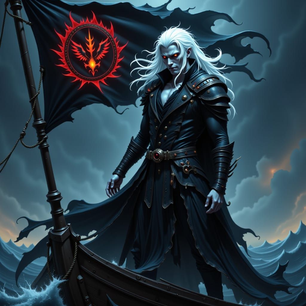 Digital Painting. Wide shot. A drow pirate captain stands proudly on the bow of his ship, a black flag with a drow house insignia billowing ...