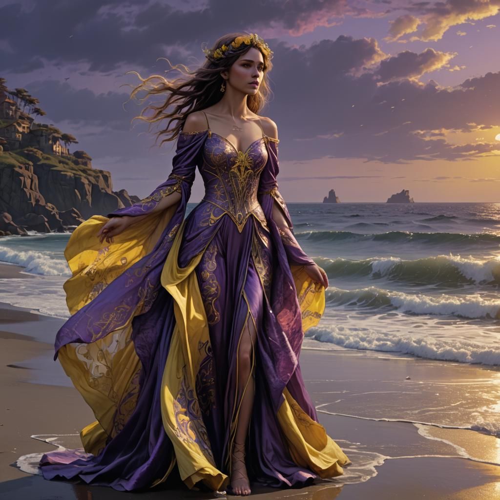 A beautiful girl wearing long fluffy Purple and yellow colou...