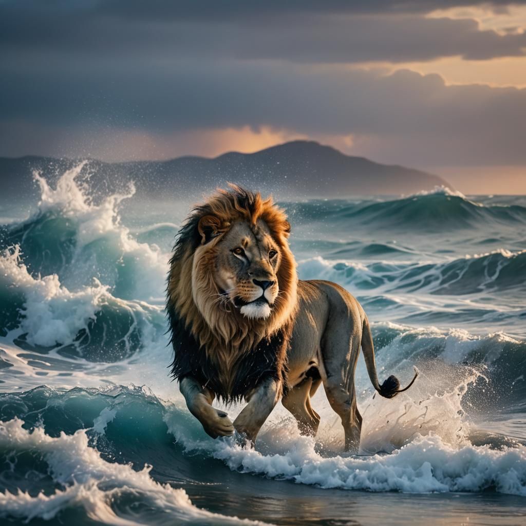 Lion Runs on Turbulent Sea at Sunrise
