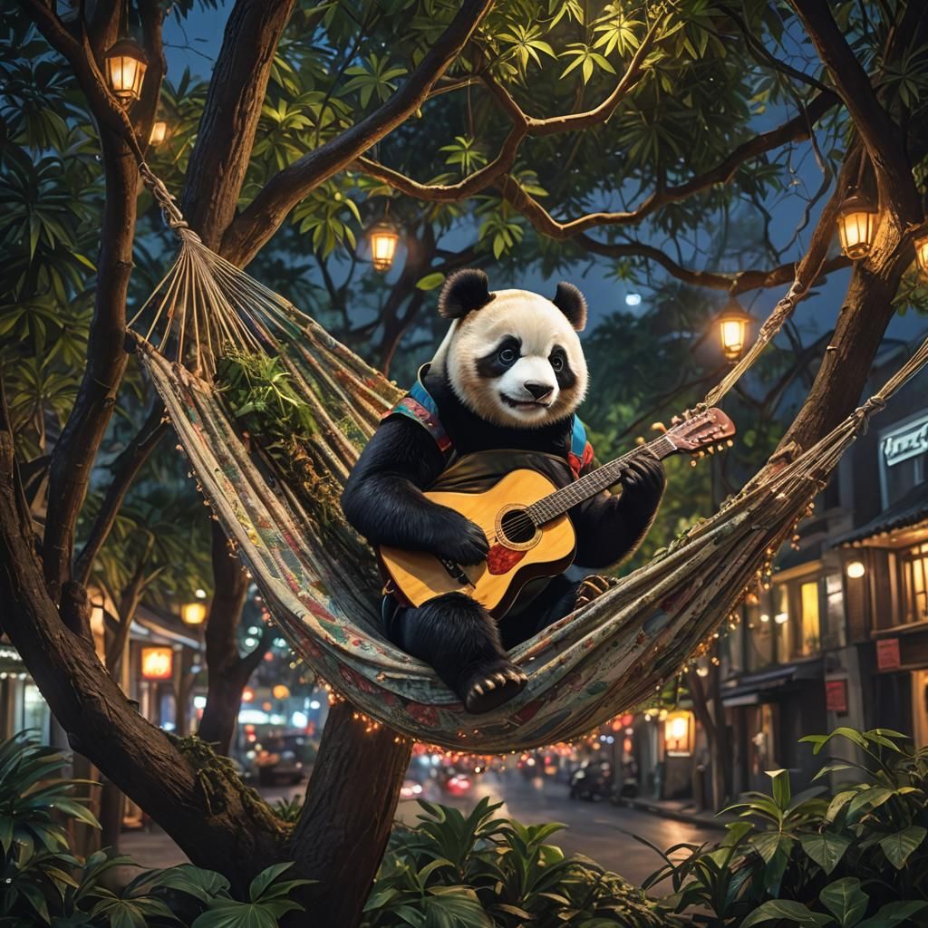 Panda playing guitar in hammock in city