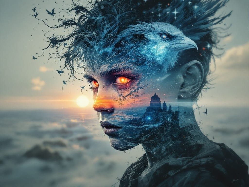 Surreal Boy Meets Demonic Bird in Blazing Sunset