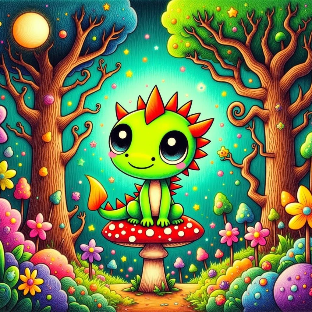 <lora:StoryFlux:1.0>cartoon , chibi dragon in the forest  ,  complex forest