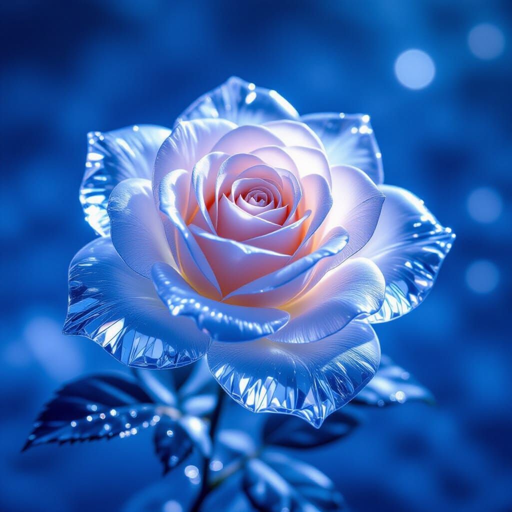 close-up photograph of a rose crafted entirely from clear crystal ice